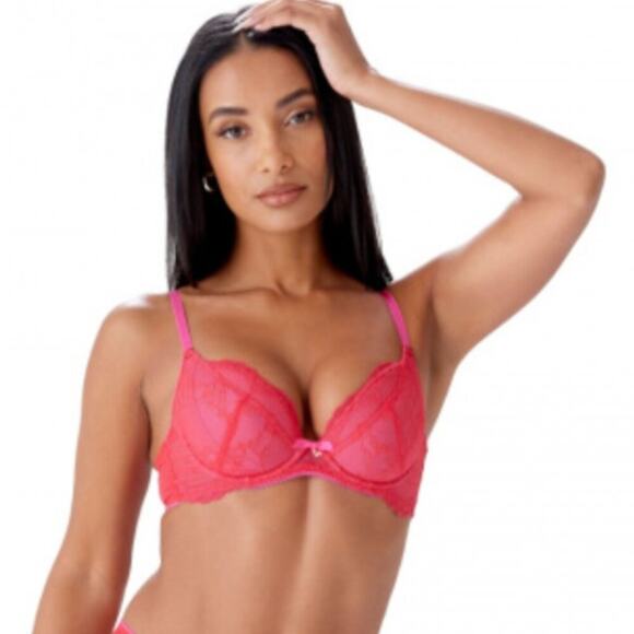 Gossard 34A Superboost Lace Padded Plunge Bra Rose Red Pink Underwire Mesh - Picture 13 of 14